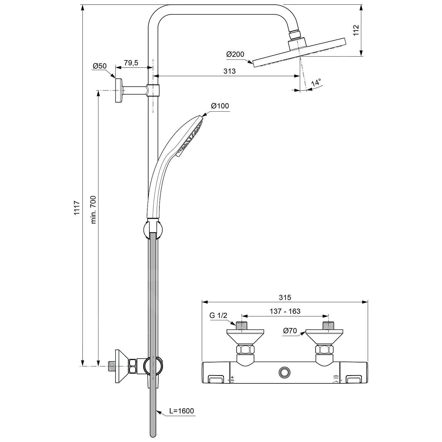 Ideal Standard CeraTherm - T25 Doucheset Met Thermostaat 200 Mm, 3 Stralen, Chroom A7208AA 2 Ideal Standard CeraTherm - T25 Doucheset Met Thermostaat 200 Mm, 3 Stralen, Chroom A7208AA - Afbeelding 2