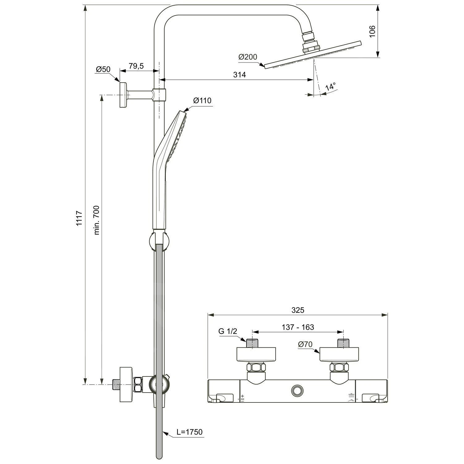 Ideal Standard CeraTherm - T50 Doucheset Met Thermostaat 200 Mm, 3 Stralen, Chroom A7225AA 2 Ideal Standard CeraTherm - T50 Doucheset Met Thermostaat 200 Mm, 3 Stralen, Chroom A7225AA - Afbeelding 2