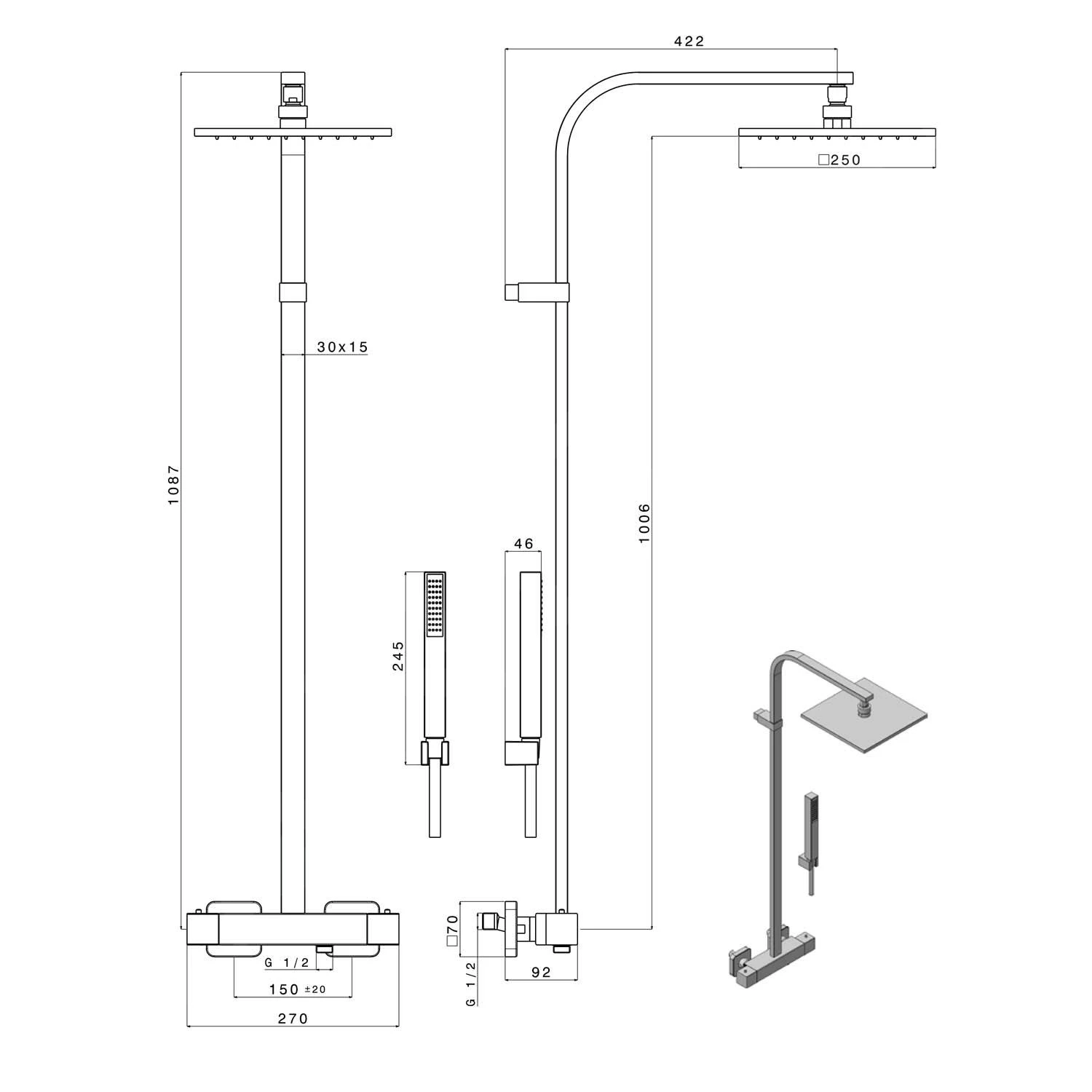 Sapho Dimy - Doucheset 250x250 Mm Met Thermostaat, Mat Zwart DM322BL 2 Sapho Dimy - Doucheset 250x250 Mm Met Thermostaat, Mat Zwart DM322BL - Afbeelding 2