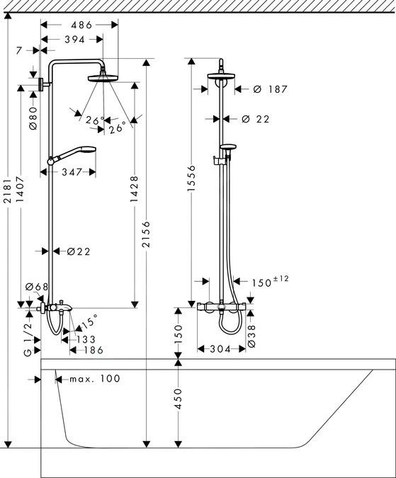 Hansgrohe Croma Select S - Thermostatische Badkraan Showerpipe 180 Met Accessoires, 2jet, Wit/chroom 27351400 3 Hansgrohe Croma Select S - Thermostatische Badkraan Showerpipe 180 Met Accessoires, 2jet, Wit/chroom 27351400 - Afbeelding 3