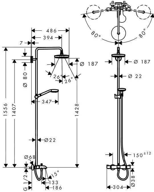 Hansgrohe Croma Select S - Thermostatische Badkraan Showerpipe 180 Met Accessoires, 2jet, Wit/chroom 27351400 2 Hansgrohe Croma Select S - Thermostatische Badkraan Showerpipe 180 Met Accessoires, 2jet, Wit/chroom 27351400 - Afbeelding 2